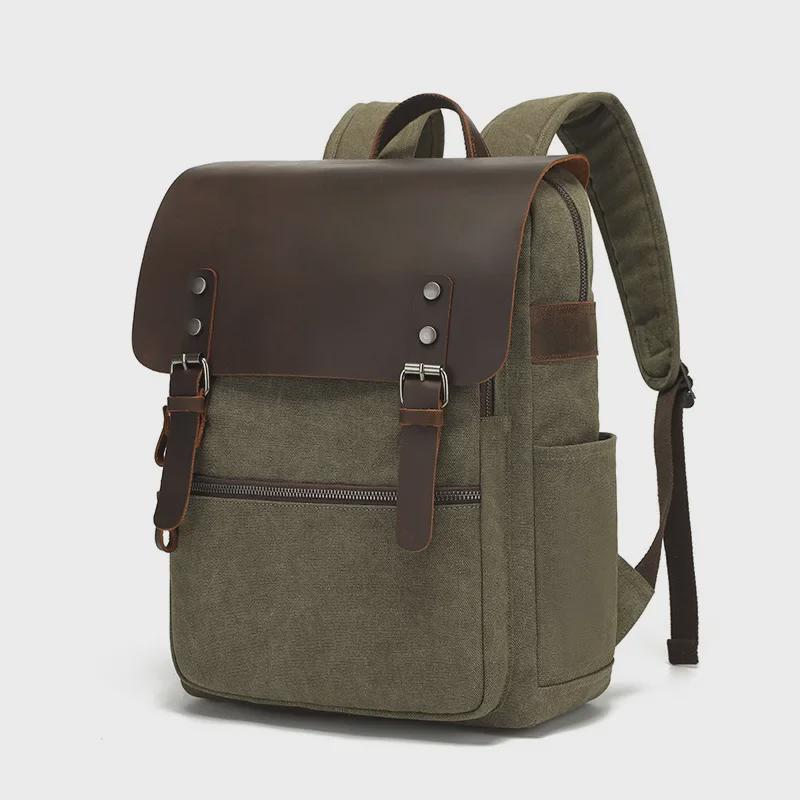 Unisex Retro Waxed Canvas & Leather Laptop Backpacks for Travel and School