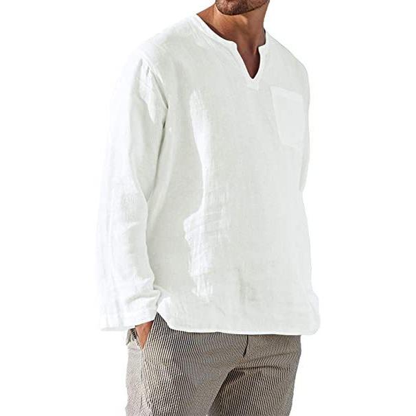 Cotton Linen Men Shirt Brief Breathable Comfy Solid Color Long Sleeve V Neck Casual Blouse Hawaiian Shirt Oversize Tops