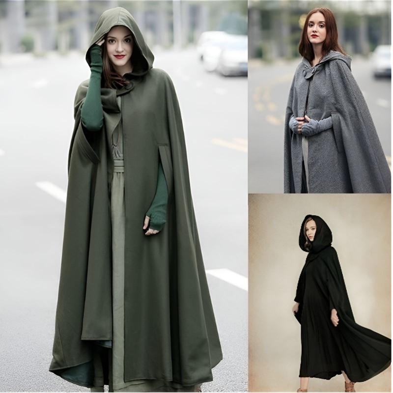 Cappotto Mantella Lungo da Donna in Misto Lana con Cappuccio Silhouette a Pipistrello Costume da Esterno per Cosplay di Halloween