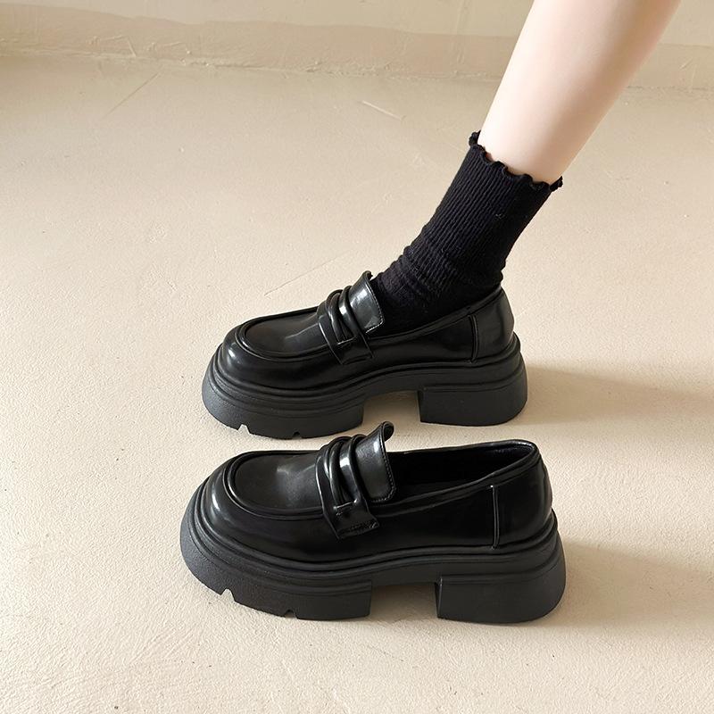 Black Big Head Thick Sole Small Leather Shoes Women's New Autumn One Pedal Thick Heel Increase