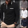 Autumn men's casual long sleeved polo shirt with pockets, fashionable street trend, regular solid color elastic breathable