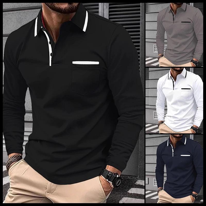 Autumn Men's Casual Long Sleeved Polo Shirt with Pockets, Fashionable Street Trend, Regular Solid Color Elastic Breathable