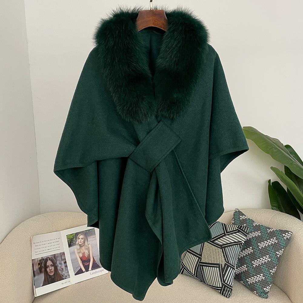 

2025 Осень и Зима Новый Стиль Натуральный Мех Лисы Воротник Кейп Шаль Свободный Вязаный Кардиган Большого Размера Шерстяное Пальто для Женщин Size:One size fits all