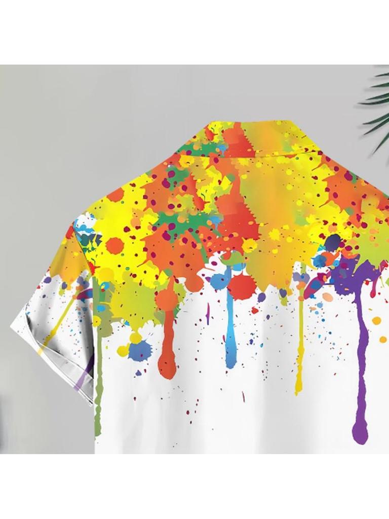 Men's Casual Short - Sleeved Shirt, Colorful Splash - Ink Pattern, Polyester Material, Multiple Sizes Available, Suitable for Daily Wear