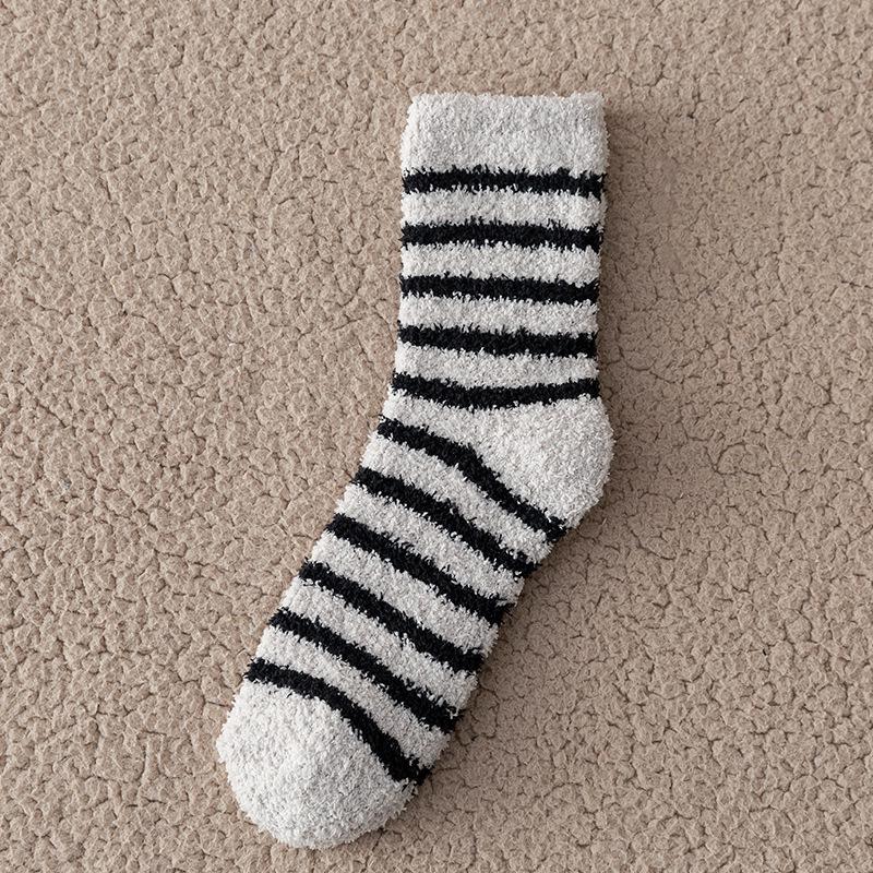 Men s Striped Coral Fleece Mid-Calf Winter Sleep Socks, Thick, Non-Shedding, Half-Fleece Floor Socks. One Size