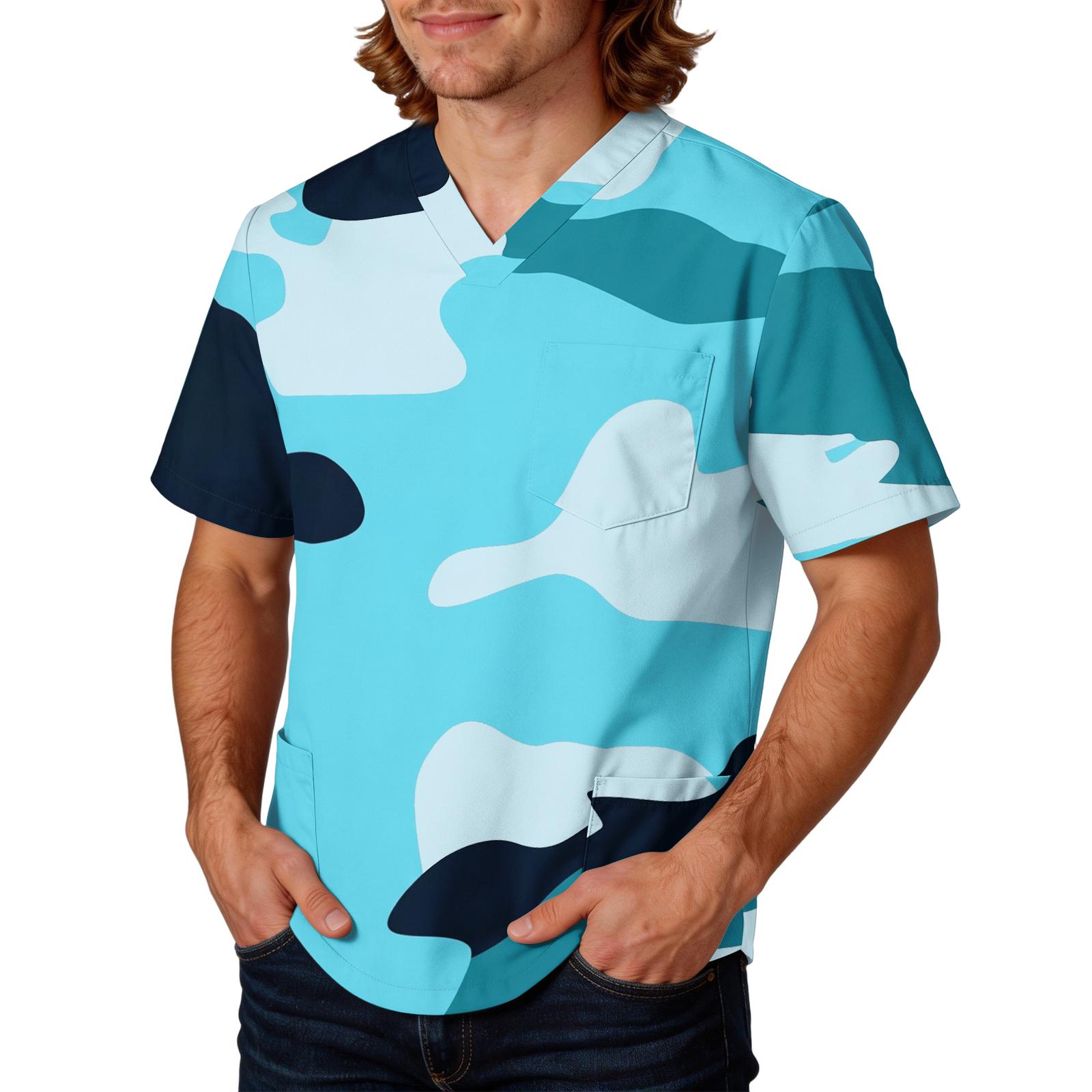 

Mens Short Sleeve V Neck Scrub Top Camouflage Printed Pullover Uniform Shirt with Chest Pocket for L синий