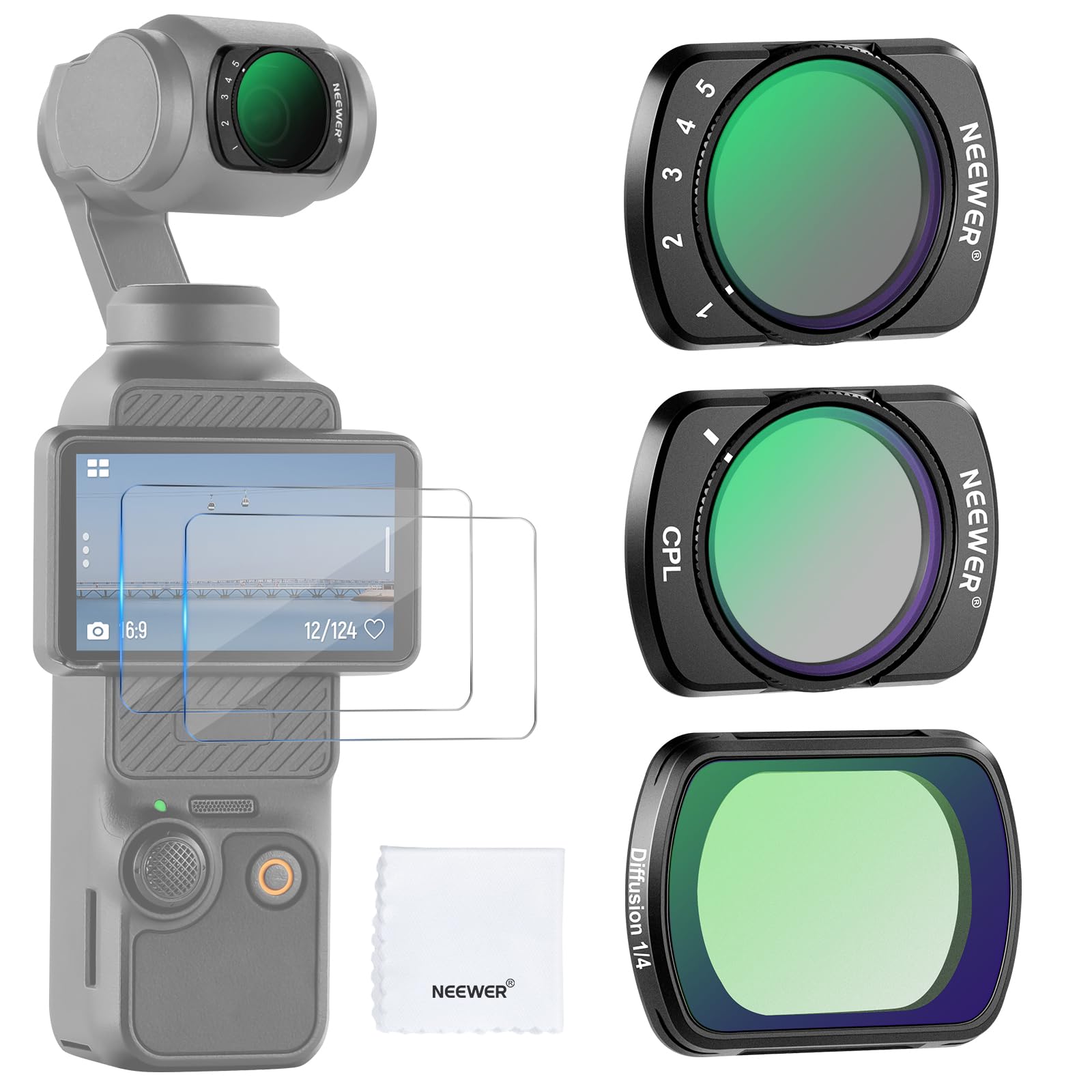 

NEEWER Black Diffuse CPL Filter Compatible Osmo Pocket3 Magnetic with 2 Tempered Glass Films HD Optical Glass Neutral Density Filter Movie Effect Lens