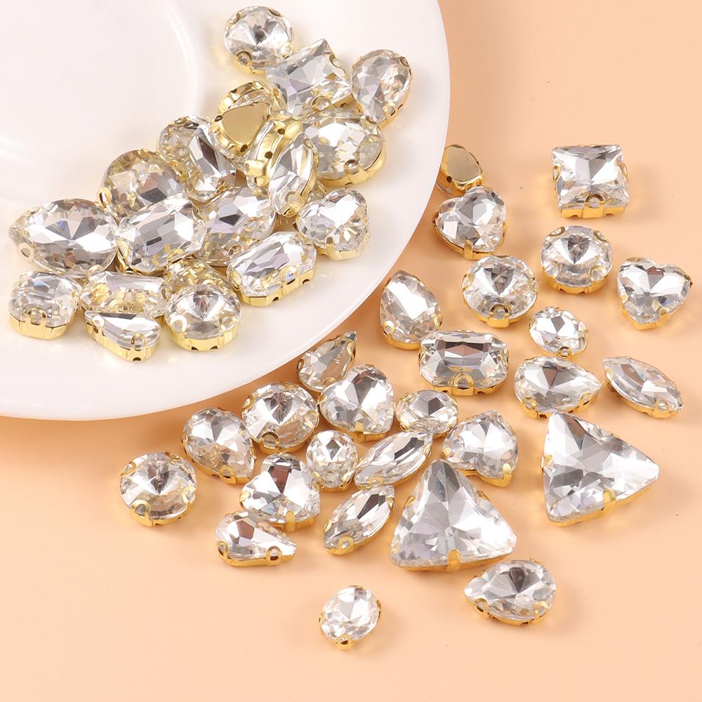 Mixed size glass rhinestone with claw cut diamond on stone bar, K gold base metal crystal, used for embroidery 50 pieces/pack