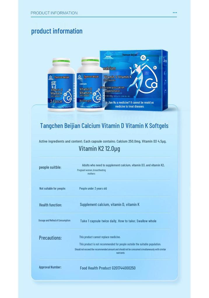 Tangchen Beijian Calcium, Vitamin D3 & K2 Supplement - 400 Capsules Gift Box