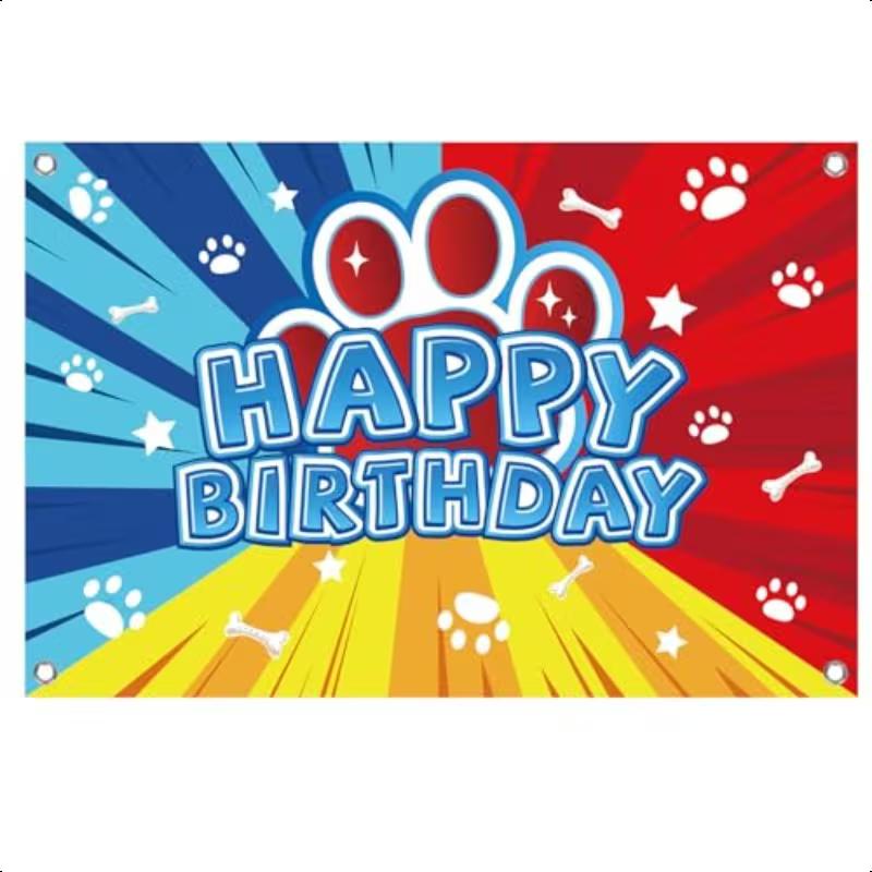 

2D Happy Birthday Backdrop, Puppy Dog Paw Print Colorful Photo Background for Kids Dog Themed Birthday Party Decor 47.2x31.5inch/120*80cm