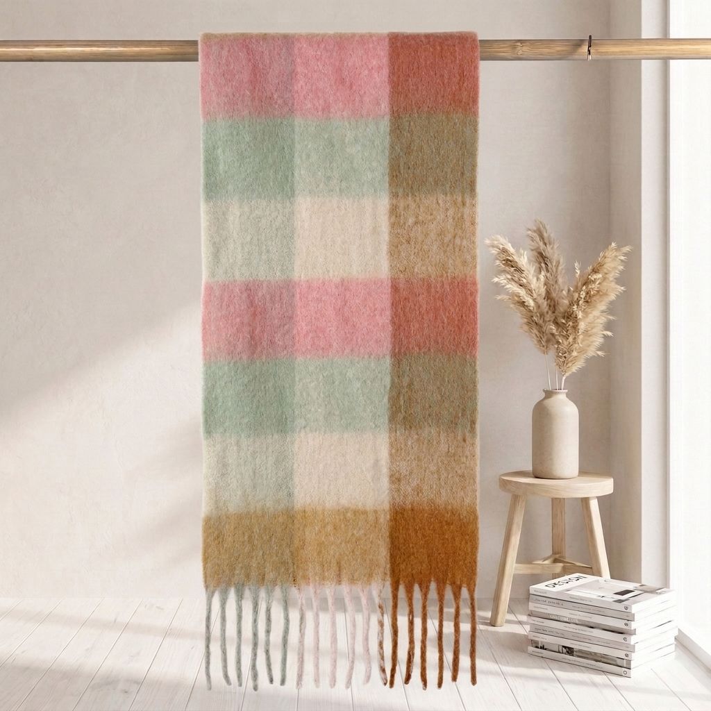 | Imitation mohair plaid scarf | Autumn and winter warm AC grid | Support LOGO customization