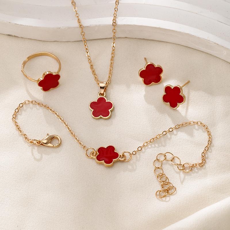 Korean Five-Leaf Clover Jewelry Set: Simple Petal Necklace, Flower Bracelet, Ring, Earrings for Women - 4 Pieces