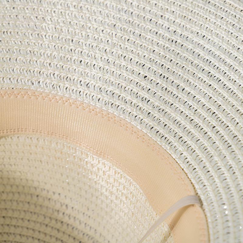 Elegant Women's Sun Hat with Bow & Faux Pearl Accents - Breathable, Wide Brim Straw Bucket Cap for Summer