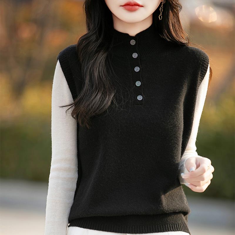 Women's 100% Wool Half-Open Button-Up Knit Vest - Sleeveless, Versatile, Solid Color Pullover with Half-High Collar