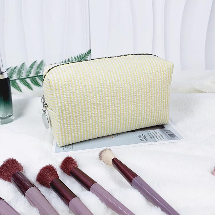 Seersucker Makeup & Toiletry Bag: Large Capacity, Embroidered, Striped Travel Clutch