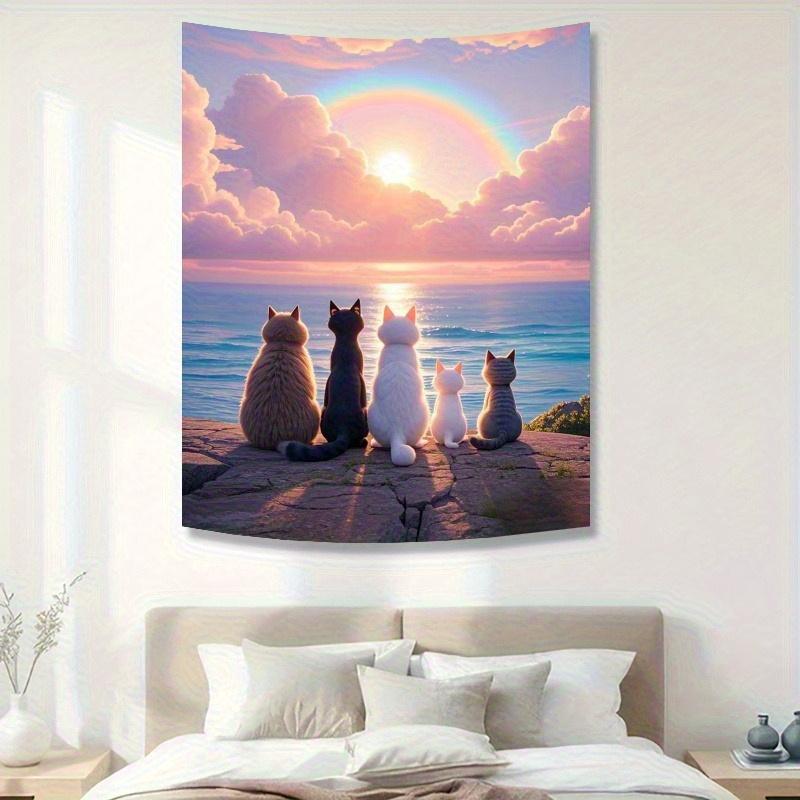 Healing Series Seaside Sunset Cat Tapestry Dreamy Pink Purple Sky Rainbow Printing Hanging Cloth Room Decoration 100X70CM