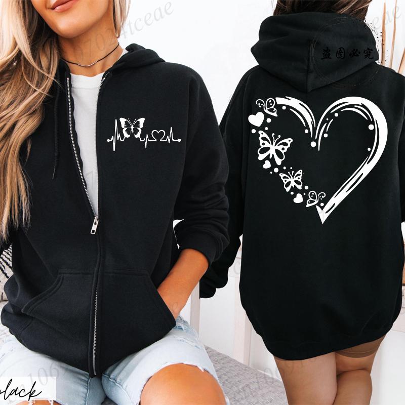 

New Fashion Zipper Hooded Hoodie Clothes Butterfly Heart Printed Fashion Sweatshirts Casual Fashion Zip Up Jackets Coat Tops 3XL