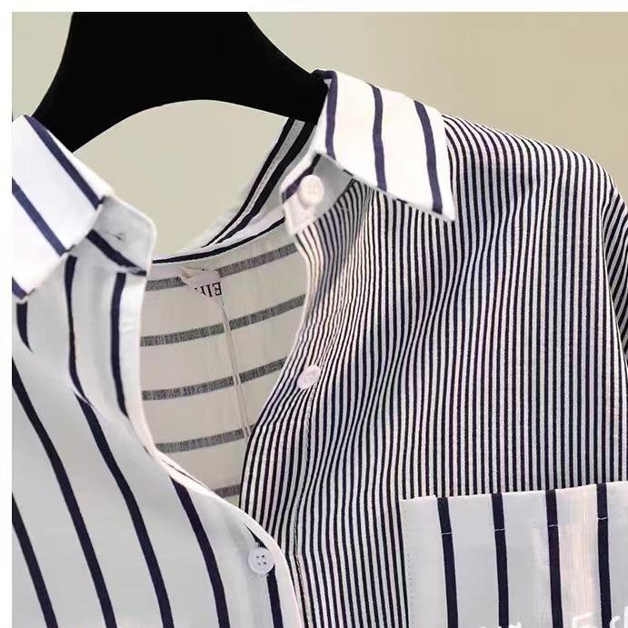 Camisa de rayas verticales de un solo bolsillo con colores a juego para mujer, camisa informal holgada, tendencia superior