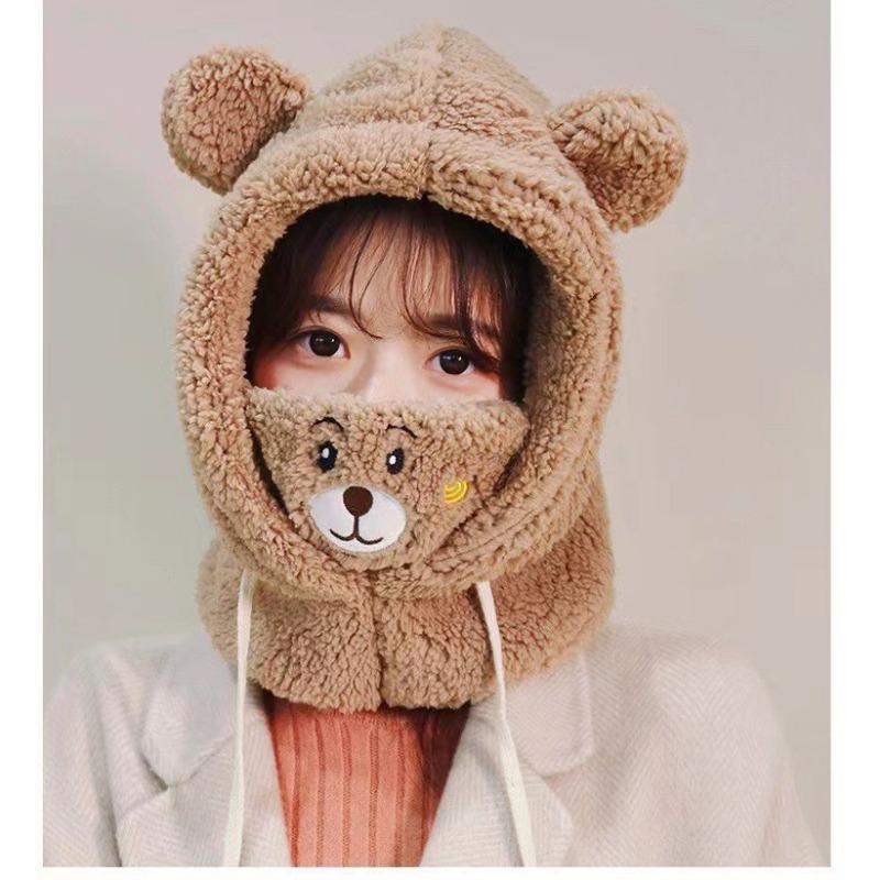 Bear Mask Hat Winter Scarf Integrated Gloves Scarf Hooded Female Cute Warm Three-piece Set Autumn and Winter