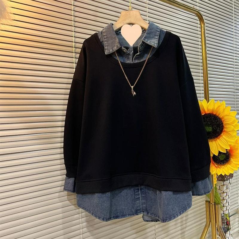 

Extra Large Size Casual Western Style Fake Two-piece Blouse Women s Autumn and Winter Models Cover Meat and Thin Collar Sweater M чорний