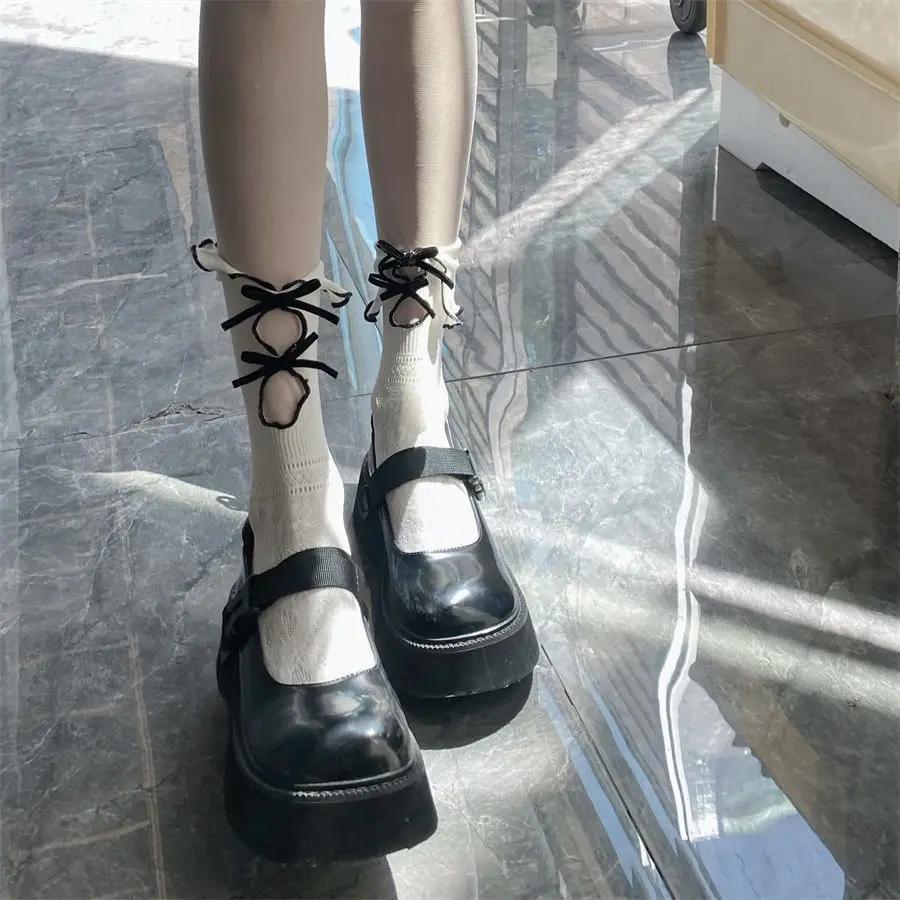 1Pairs Hollow Lace Women Long Stockings Fashionable Versatile Knotted White Lolita Style Comfortable Breathable Casual Socks