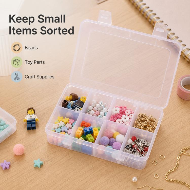 8-Compartment Adjustable Dividers Clear Plastic Organizer Box