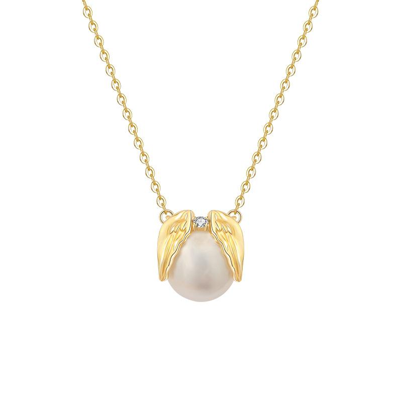 Stylish S925 Sterling Silver Angel Wings Freshwater Pearl Necklace for Women - Unique Design Clavicle Chain Sterling Silver