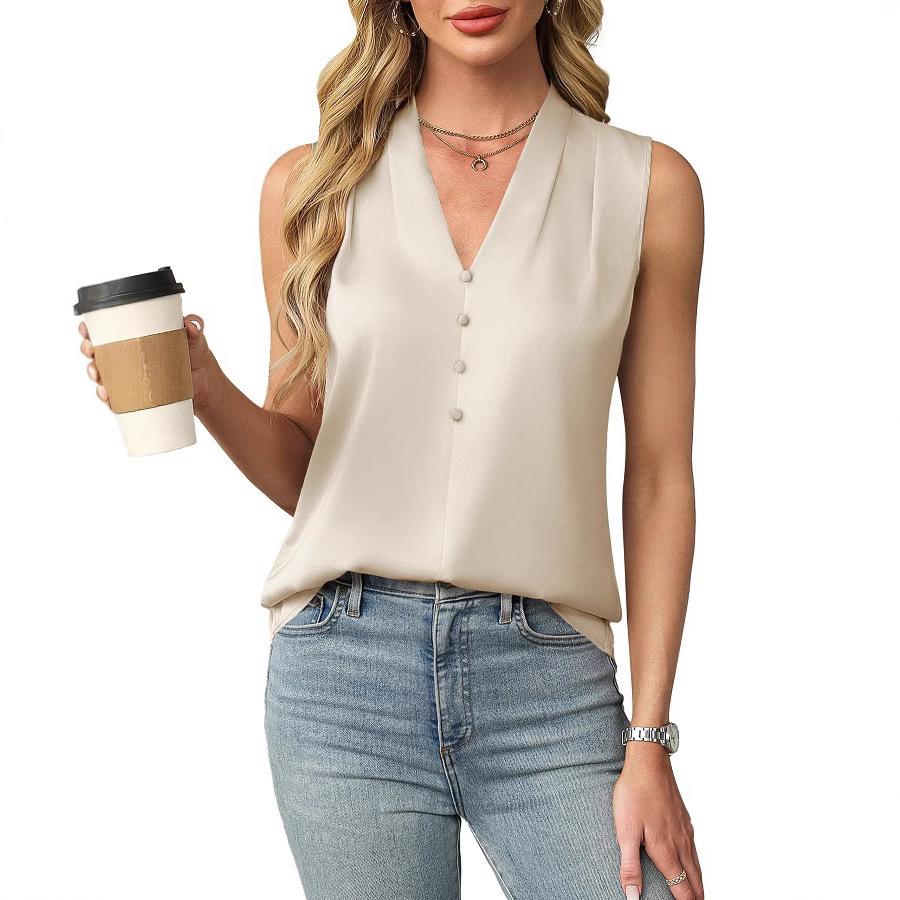 Women's Blouses Summer Elegant Temperament Satin Work Tank Shirts Casual Button V-Neck Sleeveless Vest Black Tops