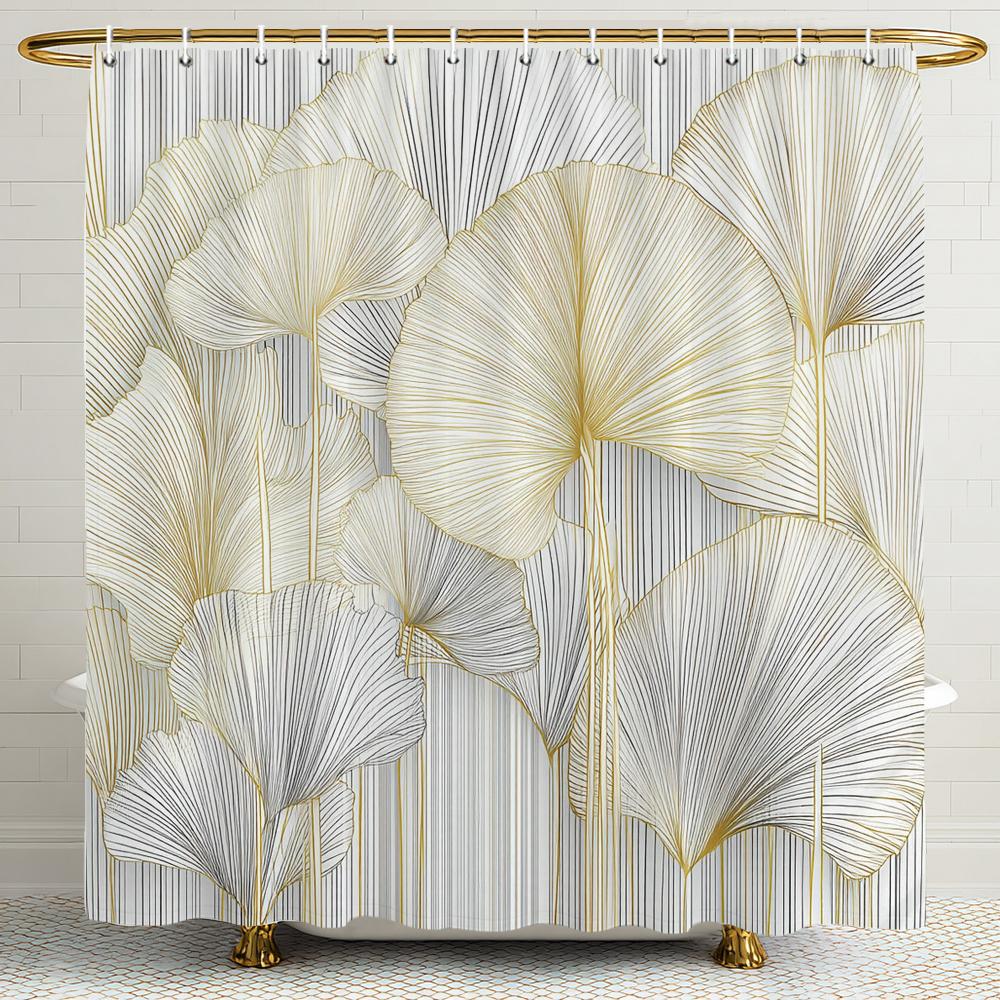 Tropical Banana Golden Leaf Shower Curtain, Bathroom Decorative Shower Curtain, Printed Fabric Home Curtain with Hooks