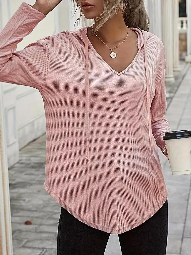 Elegant 2025 V-Neck Women's Hoodie - Soft Long Sleeve Drawstring Sweatshirt
