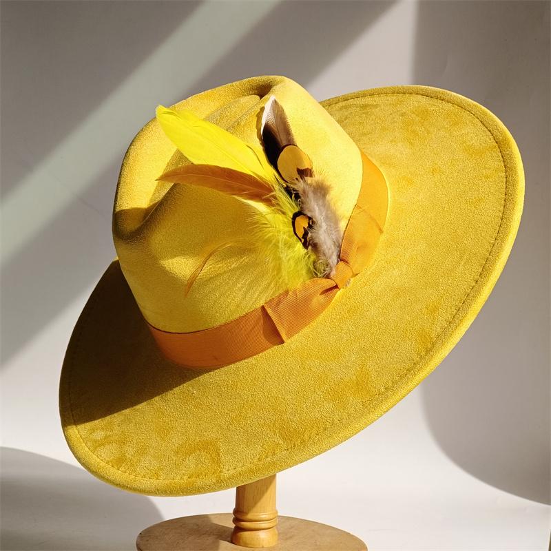 Purple Feathers Suede Top Hat 9.5Cm Wide Brim Fedora Hat Men Women Autumn Winter Felt Jazz Hats Classic Church Fedoras Sombrero