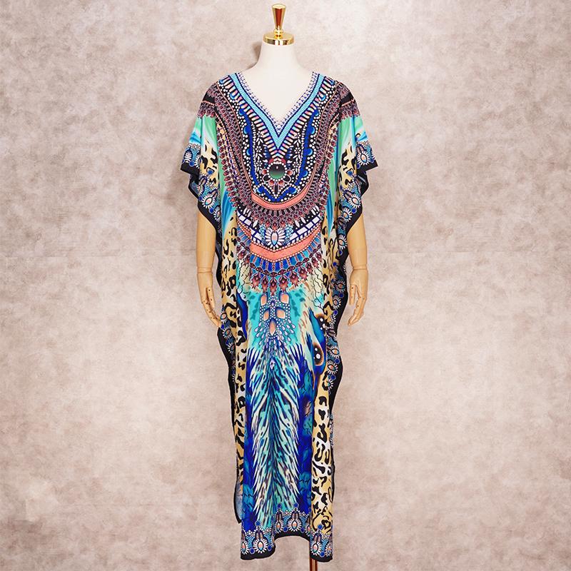 XIVISTO Donna Caftano Maxi Abito da Spiaggia Lungo Copricostume da Bagno Bohemien Floreale Estivo Vestito Scollo a V