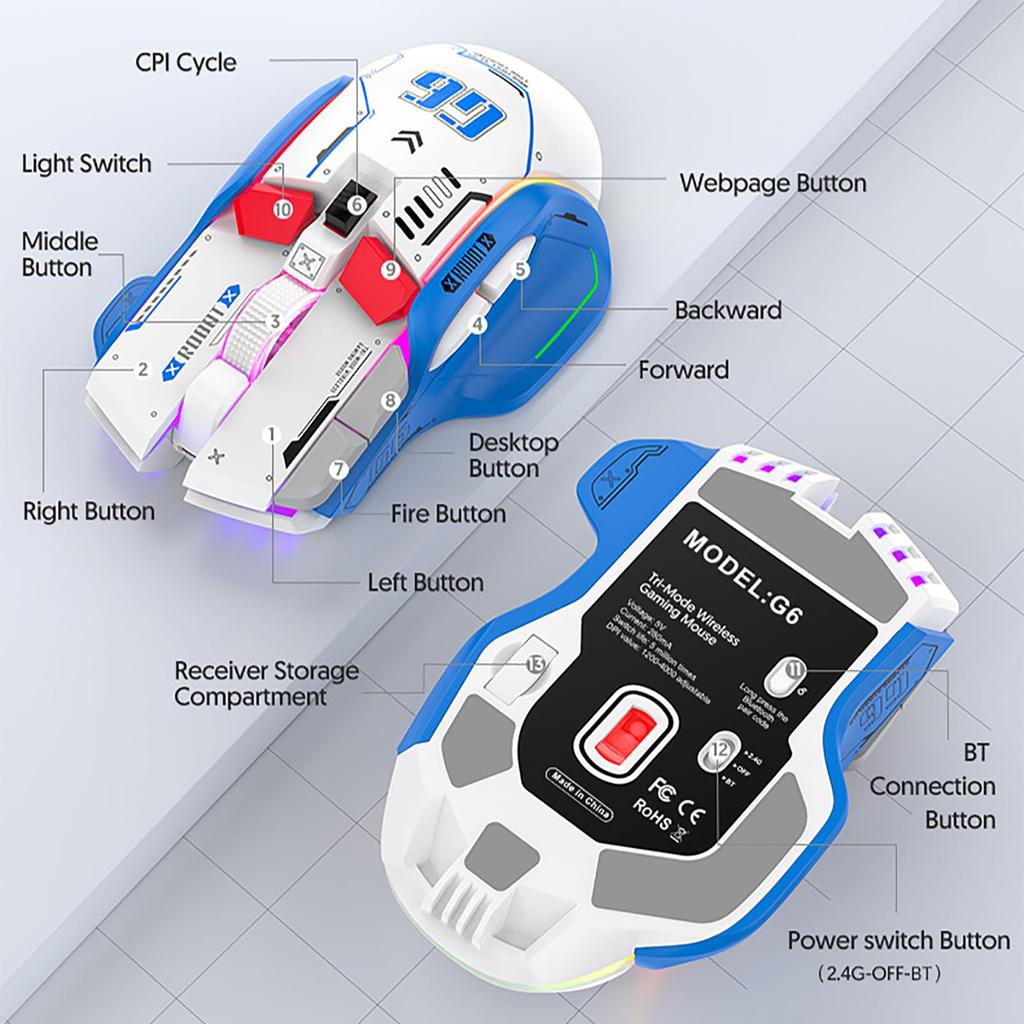 Wireless Bluetooth Gaming 10 Macro Programmable 3 Modes 5 Adjustable 11 RGB Silent and Ergonomic Mouse, Keys, Connection 2.4G, Wired, BT, DPI,