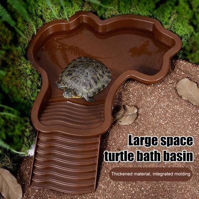 Tortoise Water Bowl with Ramp 2-in-1 Large Reptile Feeding Dish Bathing Pool Aquarium Ornament for Lizard Gecko Turtle Snake Bearded Dragon