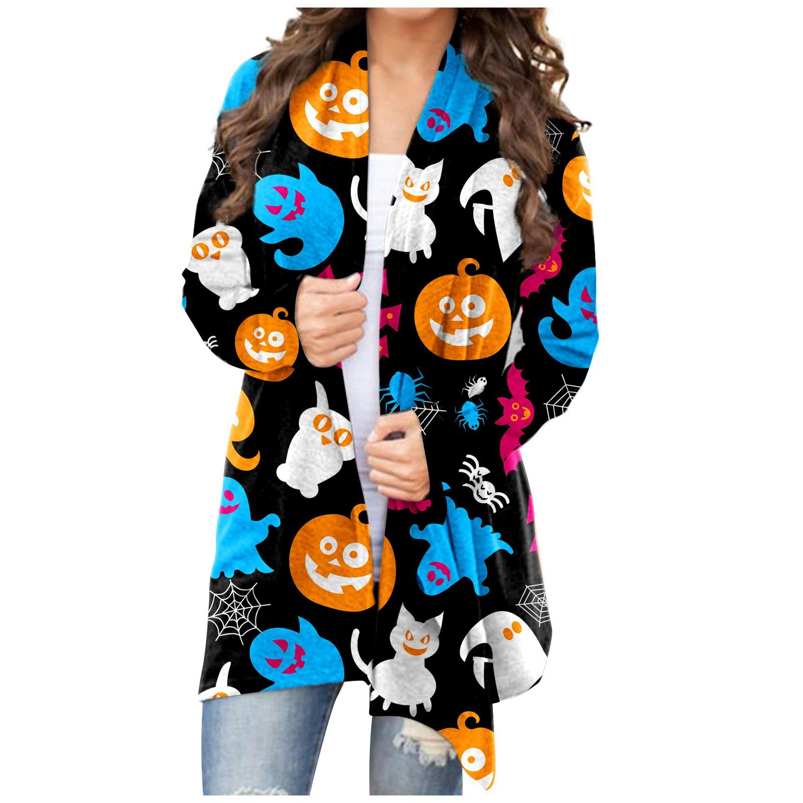 

Женский кардиган, свободное повседневное верхнее пальто с карманами и длинными рукавами с принтом Хэллоуина L синий