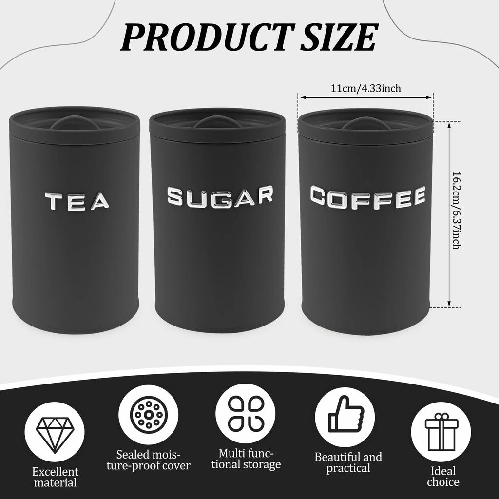 3 Pcs Tea Coffee Sugar Canister Jar Metal Round Kitchen Container with Airtight Lid Moisture Proof Coffee Beans Storage Jar