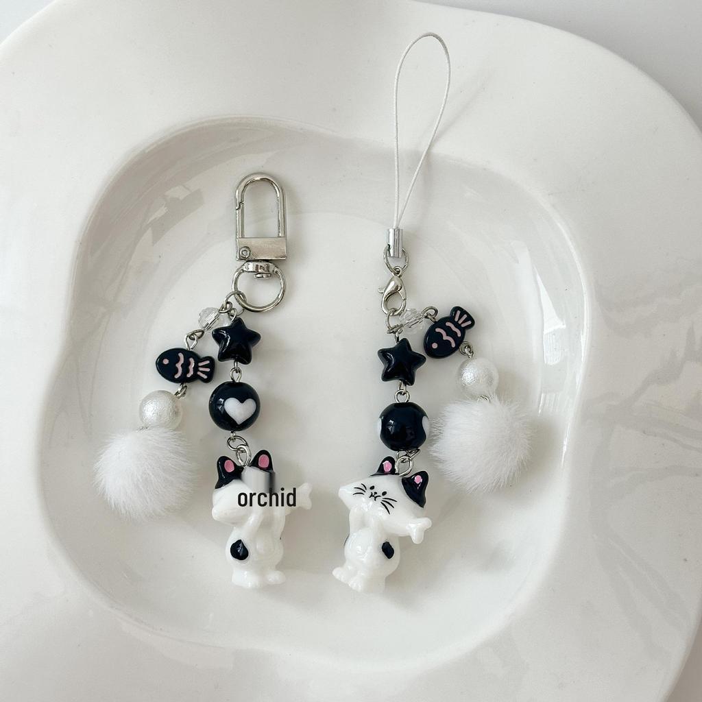 Japanese & Korean Cute Cat Keychain with Heart Pompon & Beaded Phone Strap Pendant
