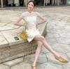 UONE2025 Summer Chinese Jacquard Cheongsam Dress with Frog Buttons and Hollow Waist Design