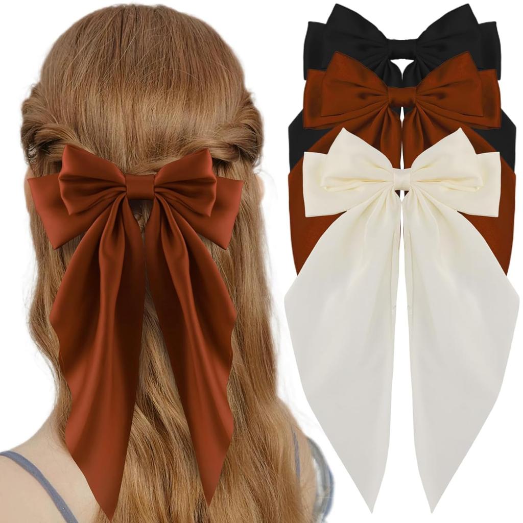 3Pcs Large Elegant Ribbon Bow Hair Clip for Women Simple Solid Color Satin Ponytail Bowknot Hairpins Barrettes Hair Accessories