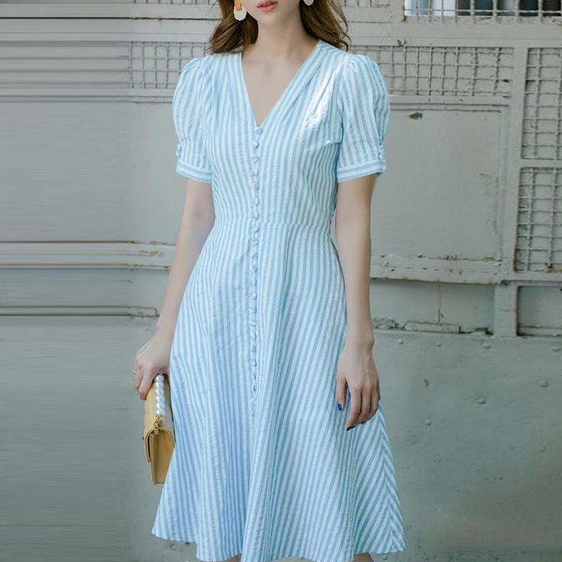 

ZANZEA Women Summer V-Neck Casual Short Sleeve Stripe Dress S синій