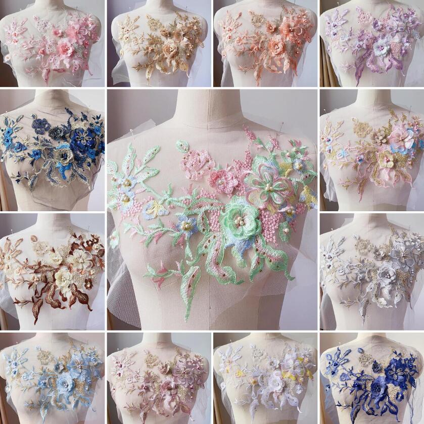 1 Piece Large 3D Lace Applique Trim Patches Pearl Purple Flower For Prom Wedding Dress Accessory Lace Fabric DIY 33*26cm
