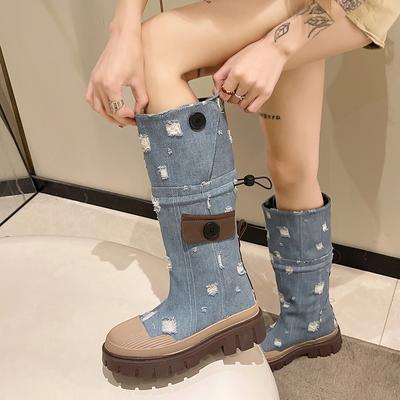Hot Canvas Chunky Platform Ankle Boots Women Zipper Thick Sole Motorcycle Boots Woman Height Increasing Punk Mid-Calf Botas