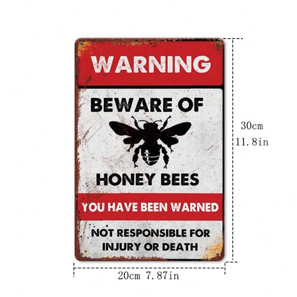 Antique Bees Beware Warning Tin Sign Farmhouse Decor Rustic Wall Art
