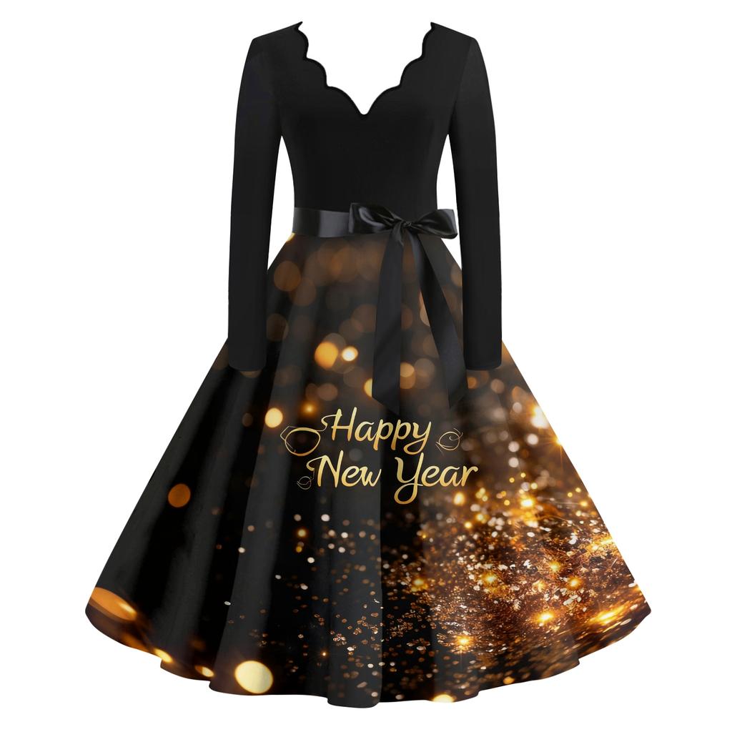 Women's Casual Fashion New Year Printed V-Neck Vintage Dress