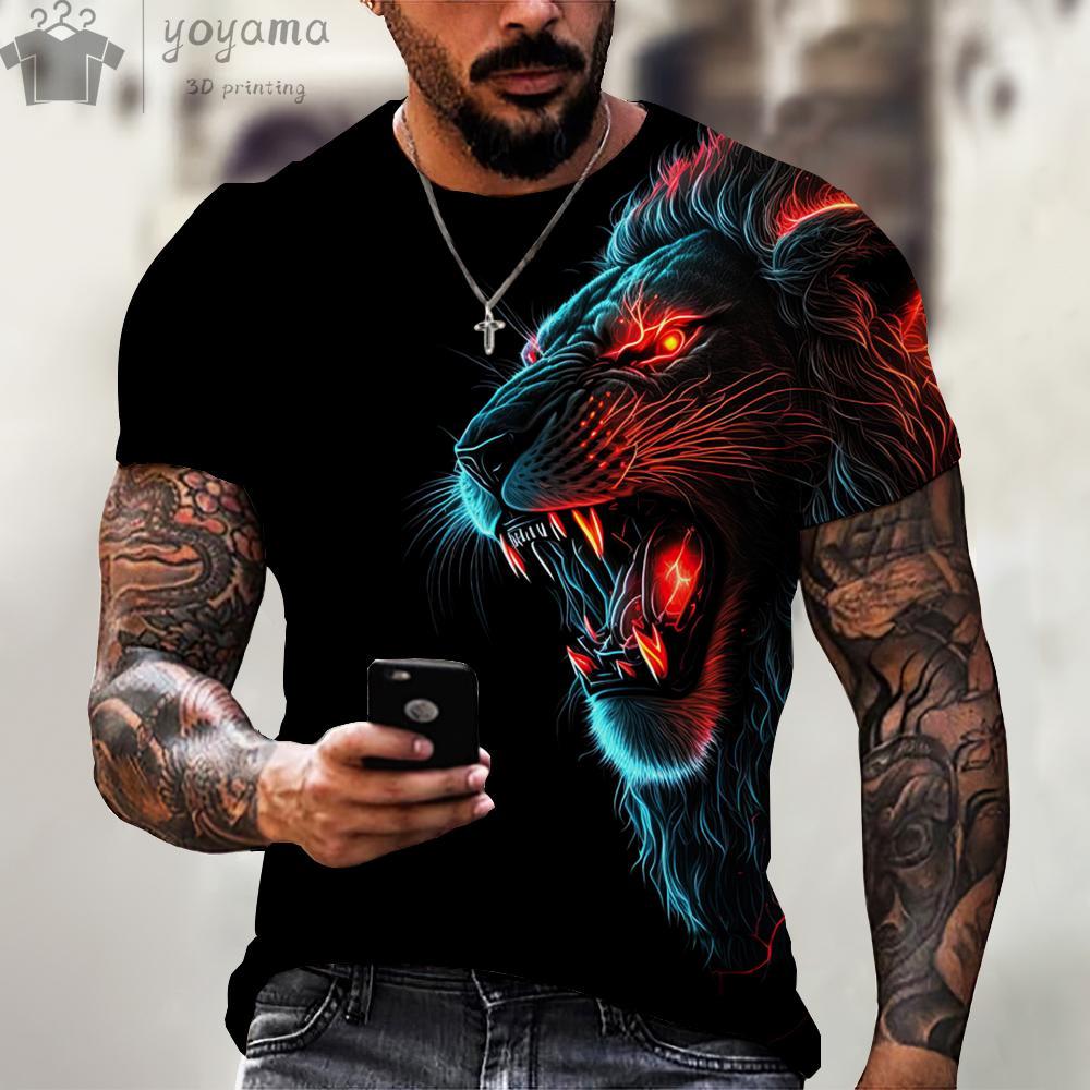 Men's Summer Lion Print Short Sleeve Lion Graphic Tees Men's Summer Clothes Oversized T Shirt Men Short Sleeved T-shirt for Men