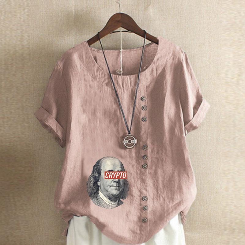 Women's Fashion Round Neck Short Sleeve T-shirt Casual Cotton Linen Graphic Shirt Character Prined Summer Blouse Tops Plus Size
