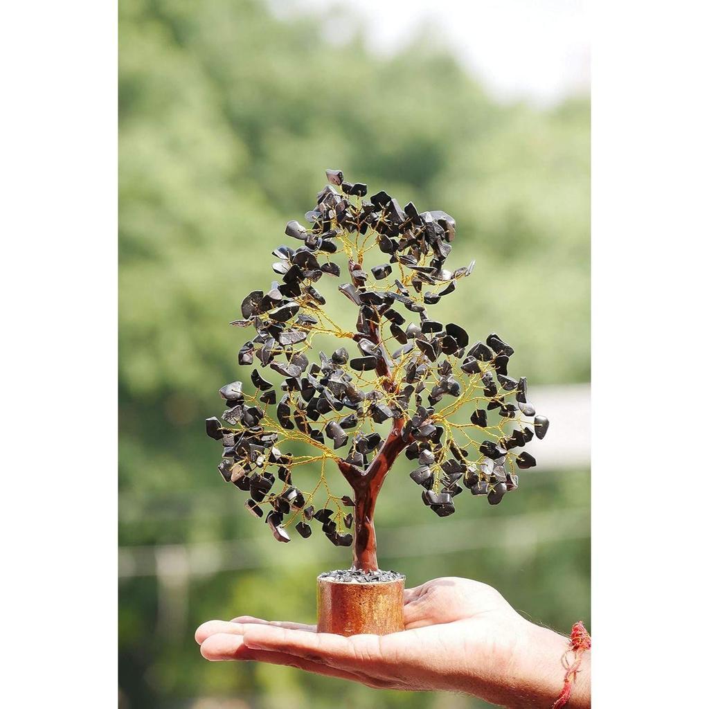 Crystals and Stones, Black Tourmaline Crystal Showpiece for Home Decor Decoration Bonsai Money Tree, Size 10-12 Inches, Black Golden Wire. 1 Piece