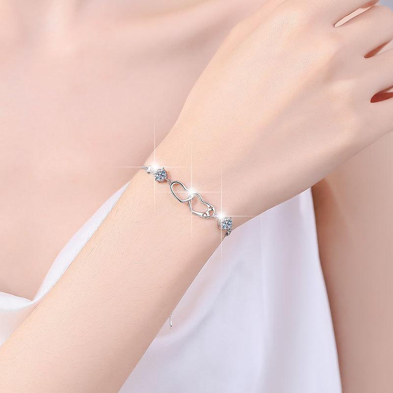 Women's Romantic Heart-Shaped Double Loop Bracelet PT950 Platinum 1CT Moissanite Elegant High-End Gift Jewelry
