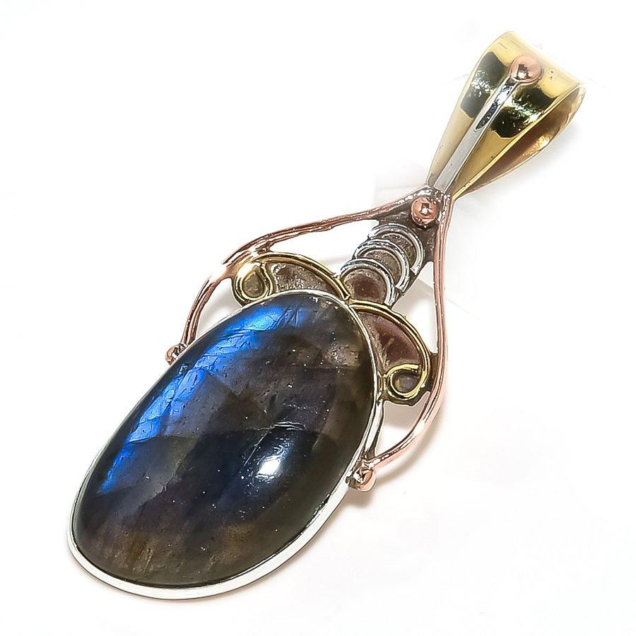 

Natural Labradorite TwoTone 925 Solid Sterling Silver Jewelry Pendant 1.75 m3o78