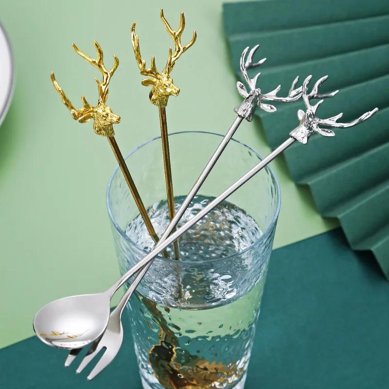 Stainless Steel Coffee Cake Spoon Fork Dessert Spoons Milu Deer Modelling Stirring Teaspoon Ice Cream Spoon Fruit Fork Kitchen